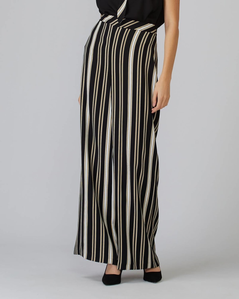 Front of a model wearing a size 10 Wide Leg Pant In Black/White/Gold in Black/White/Gold by Joseph Ribkoff. | dia_product_style_image_id:356937